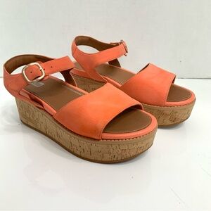 Fitflop Sz 7.5 Eloise Cork Wrap Suede Sunshine Coral Wedge Platform Sandals